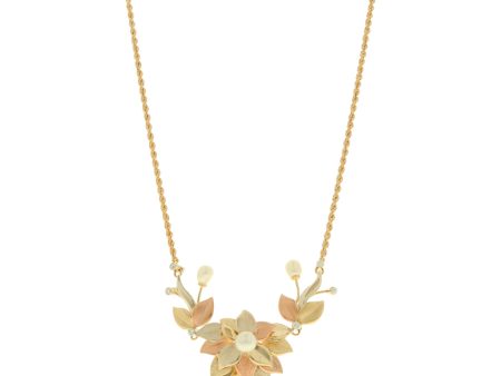 Gargantilla eslabón torzal motivo floral con perlas y circonias en oro tres tonos 14 kilates. Online Sale