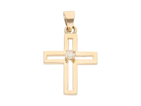 Cruz calada lisa con diamante en oro amarillo 14 kilates. Discount