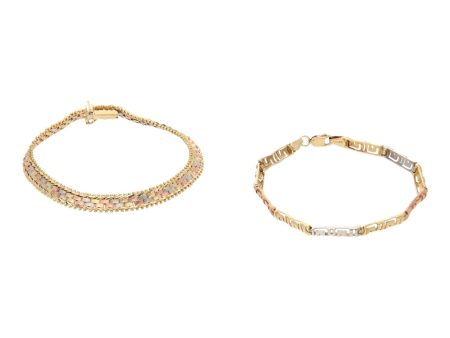 Pulsera eslabón boleado, pulsera eslabón articulado motivo grecas en oro tres tonos 14 kilates. Online