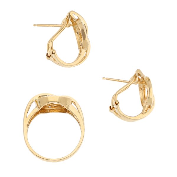 Juego de anillo y aretes calados con circonias en oro amarillo 14 kilates. Cheap